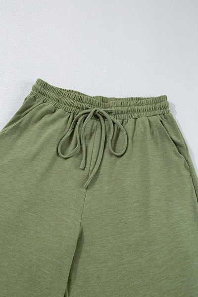 Jungle Green Solid Color Ruffle Hem Wide Leg Pants