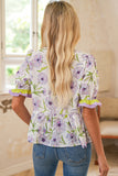 Lavender Floral Frill V-Neck Smocked Peplum Blouse