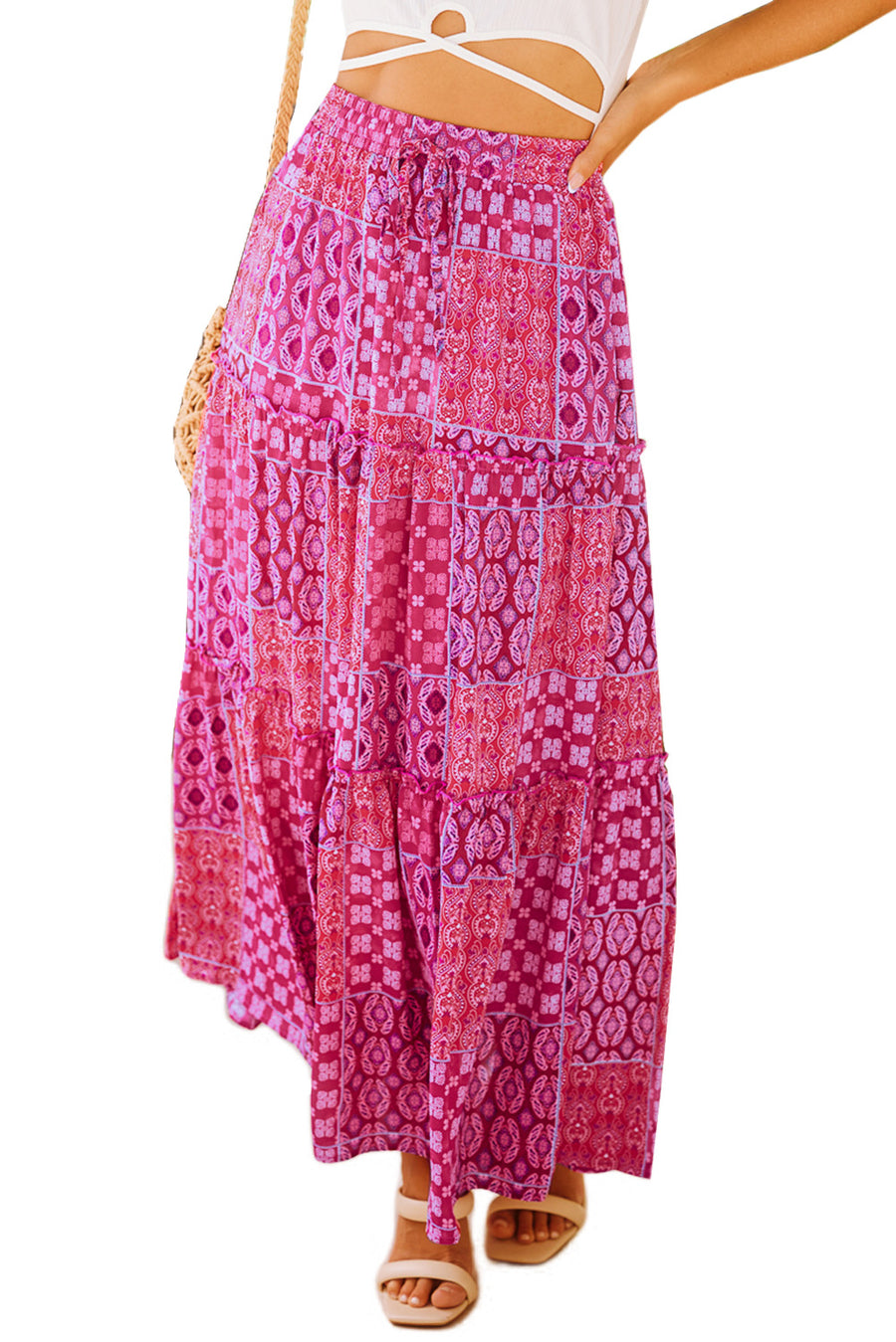 Tiered Paisley Print Maxi Skirt with Pockets