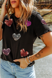 Black Sequin Hearts Pattern Crew Neck Graphic T-Shirt