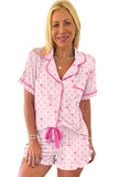 Bow Print Button-Up V-Neck Short Sleeve Top and Ruffle Hem Shorts Pajama Set- 2 Styles