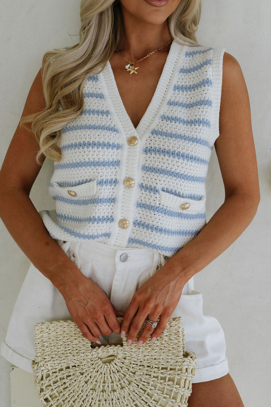 Striped V-Neck Button-Up Knit Vest- 2 Colors