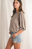 Mocha Bishop Sleeve Contrast Trim Crew Neck Blouse