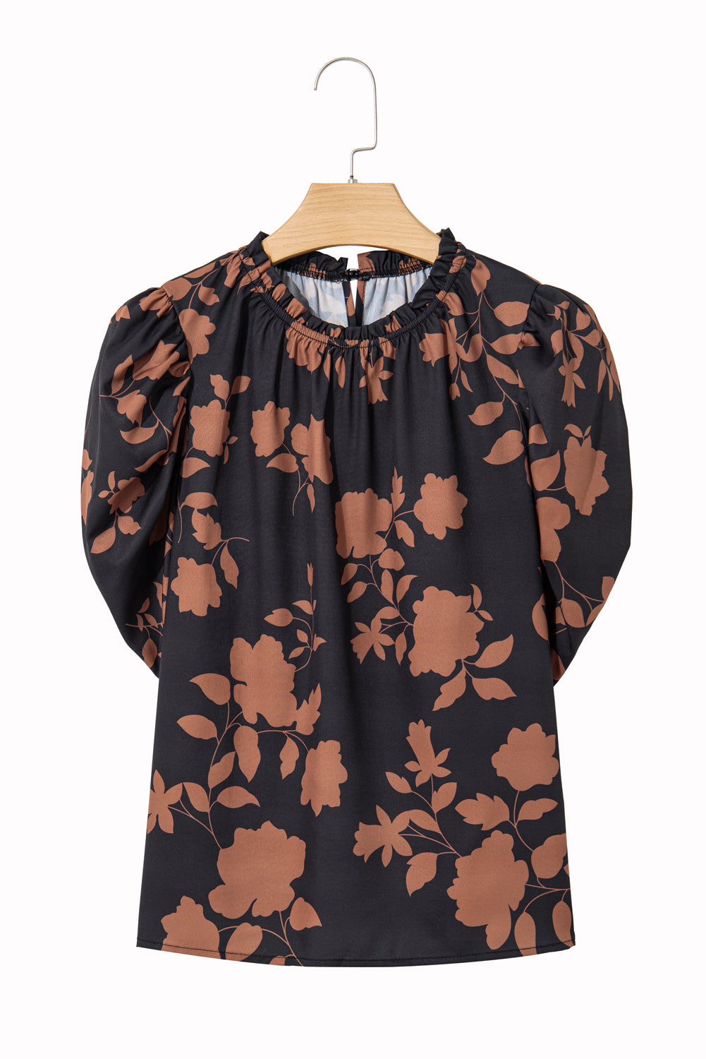 Chestnut Floral Print Frill Neck Bubble Sleeve Blouse