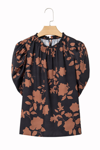 Chestnut Floral Print Frill Neck Bubble Sleeve Blouse