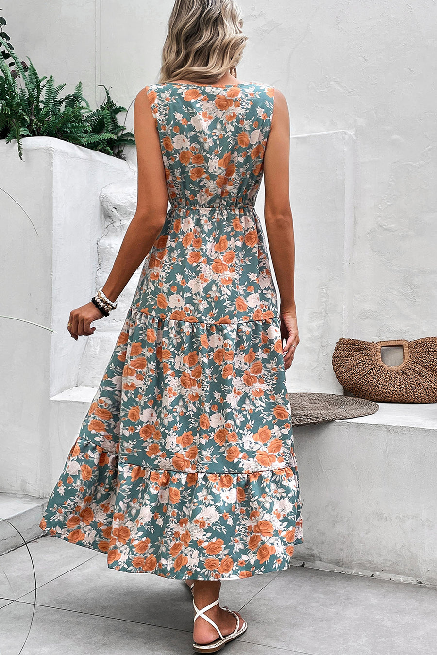 Green and Orange Floral Print V-Neck Sleeveless Midi Dress