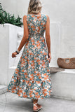 Green and Orange Floral Print V-Neck Sleeveless Midi Dress