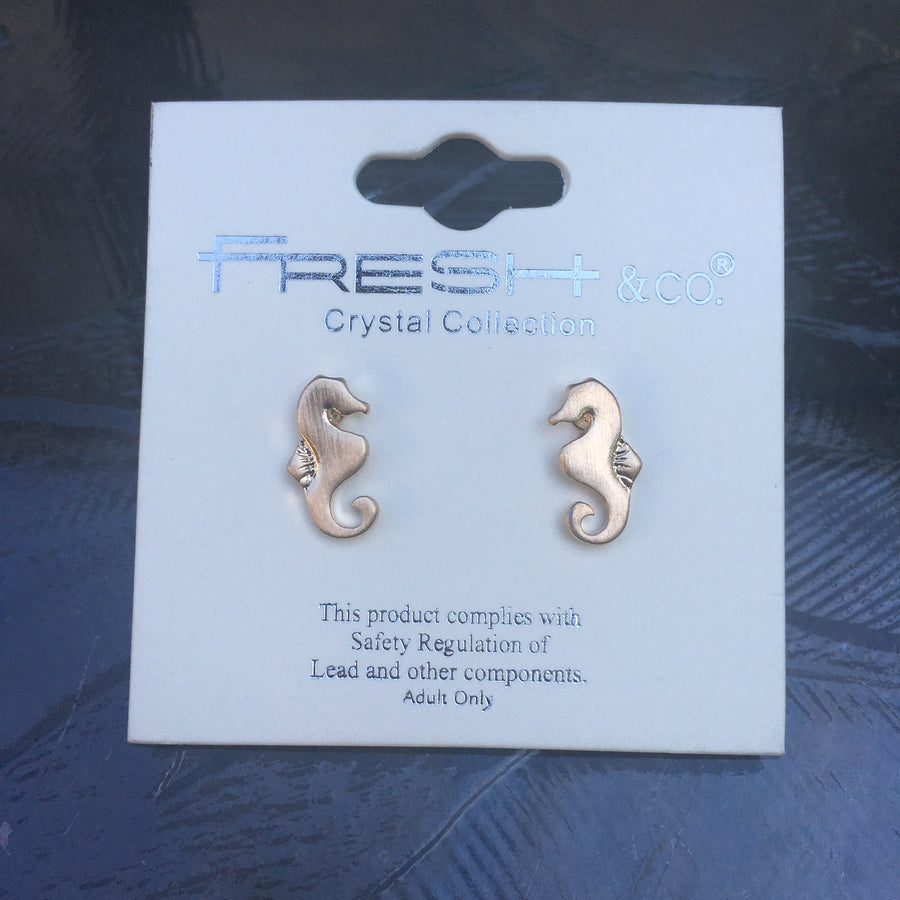 Matte Gold Tone Post Earrings- Seahorse