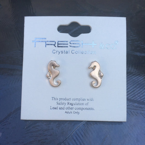 Matte Gold Tone Post Earrings- Seahorse