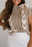 Taupe Satin Ribbon Lace-Up Short Sleeve Cable Knit Sweater