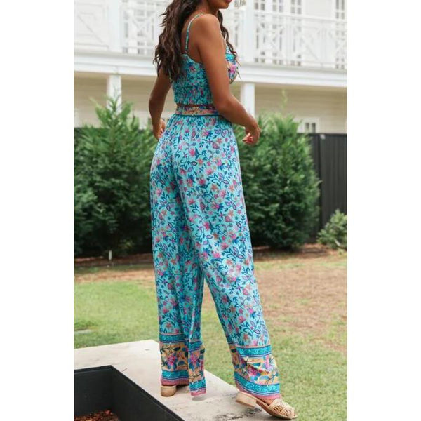 Women's Bohemian Floral Crop Top & Wide Leg Pants-Two Piece Set- 3 Colors