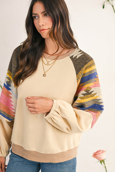 Light French Beige Geometric Patchwork Raglan Sleeve Pullover Sweatshirt