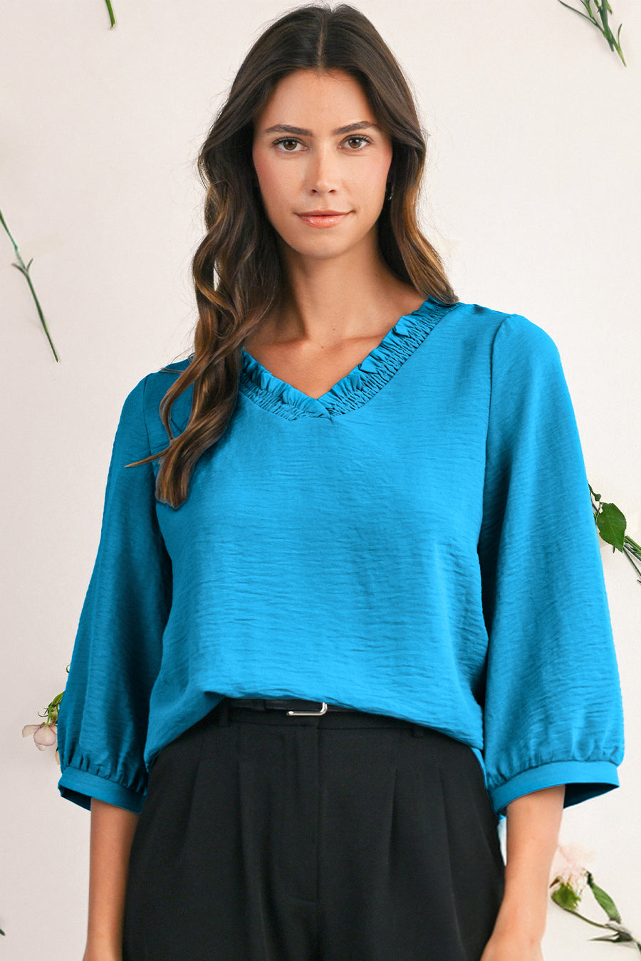 Frill V-Neck Lantern Sleeve Crinkled Blouse- 3 Colors