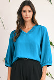 Frill V-Neck Lantern Sleeve Crinkled Blouse- 3 Colors