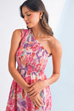 Pink Floral Print Shirred One Shoulder Maxi Dress