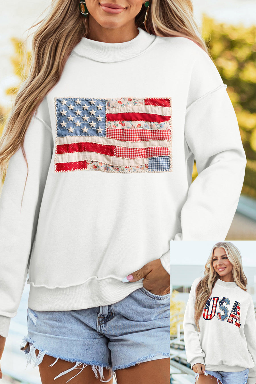 White Faux Patchwork Print USA and American Flag Reversible Sweatshirt