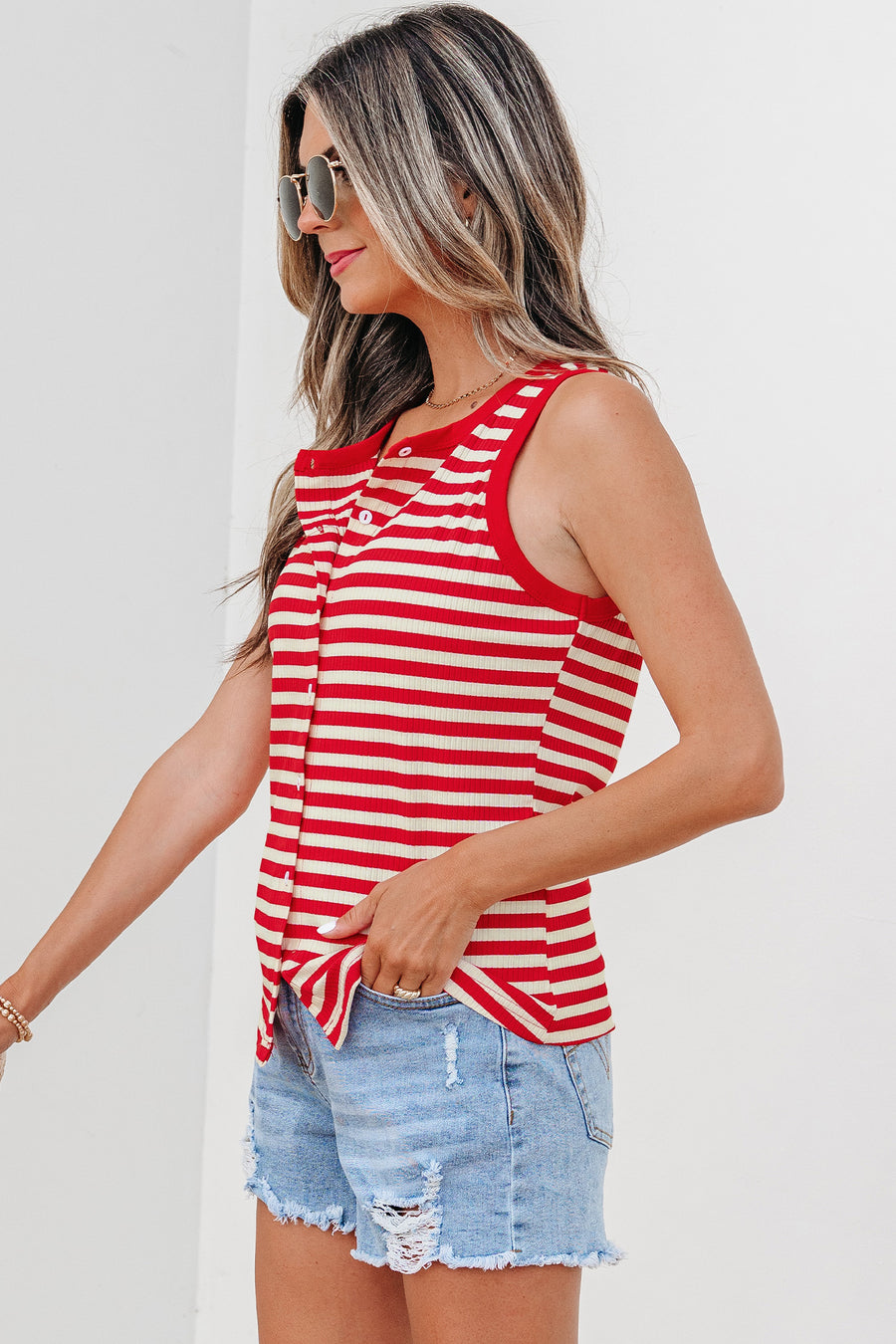 Red Striped Button-Up Ribbed Knit Tank Top