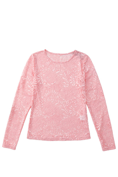 Pink Floral Lace Sheer Long Sleeve Blouse