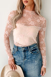 Apricot Pink Mock Neck Floral Lace Mesh Long Sleeve Blouse