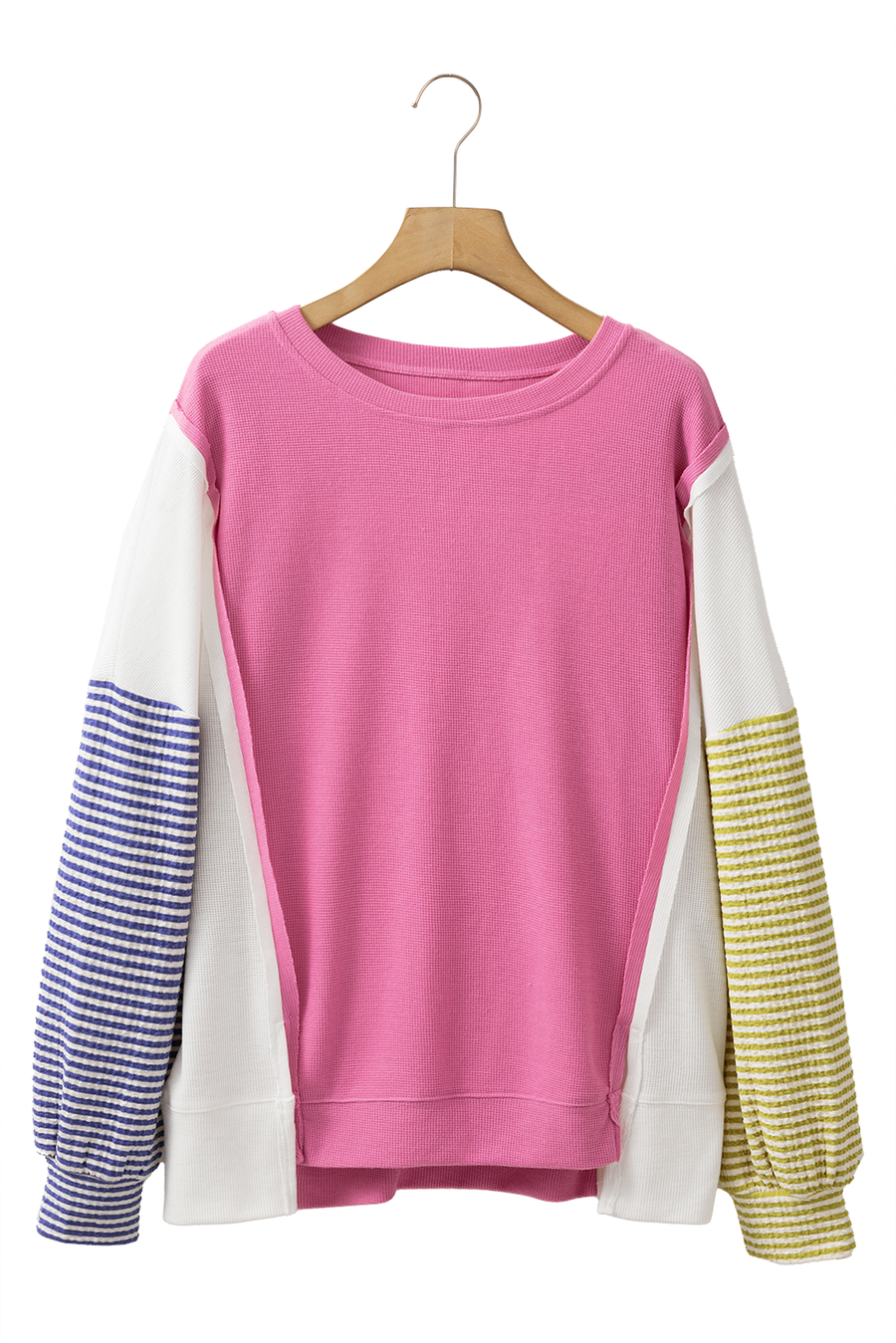 Pink Multi Waffle Patchwork Striped Sleeve Long Sleeve Shirt