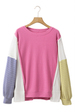 Pink Multi Waffle Patchwork Striped Sleeve Long Sleeve Shirt