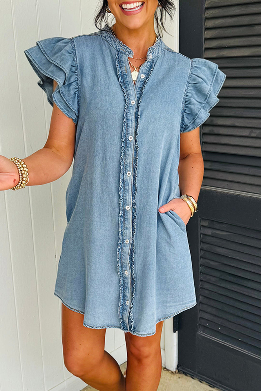Frill Neck Button-Up Ruffled Short Sleeve Denim Mini Dress- 2 Colors