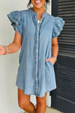 Frill Neck Button-Up Ruffled Short Sleeve Denim Mini Dress- 2 Colors