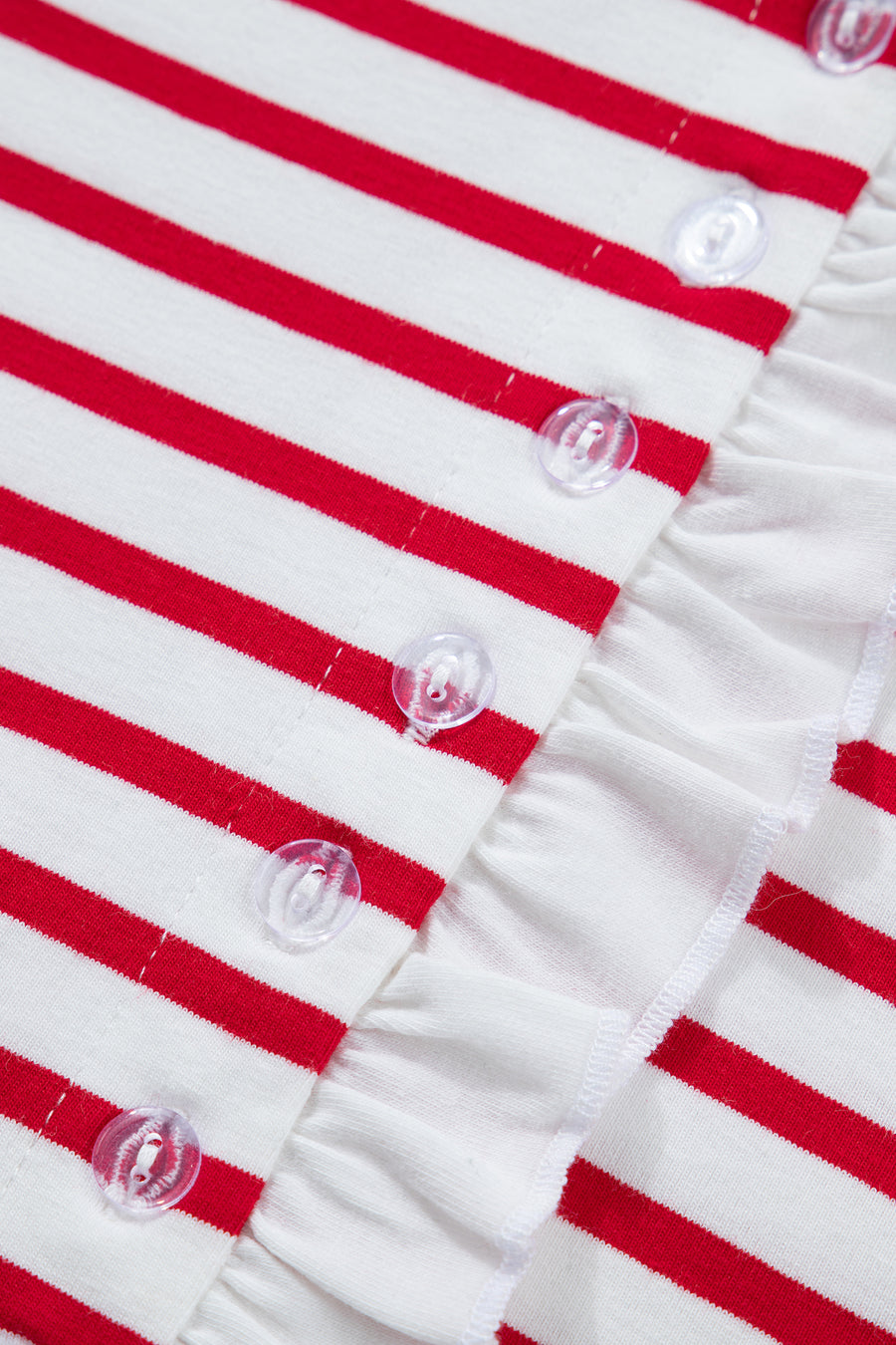 Red Stripe Contrast Frill Neck Half Button-Up Long Sleeve Top