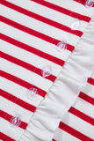 Red Stripe Contrast Frill Neck Half Button-Up Long Sleeve Top