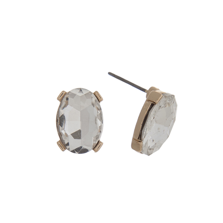 Gold Tone Oval Rhinestone Post Earrings- Clear