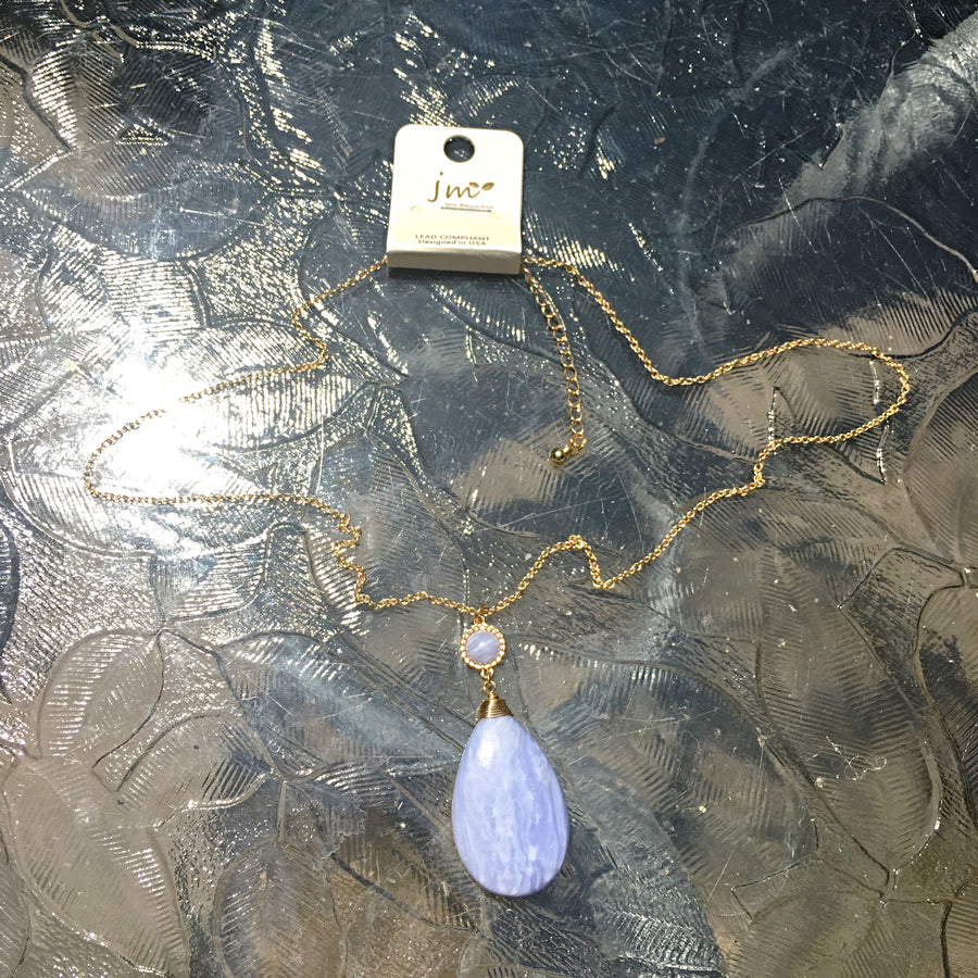 Gold Tone Wire-Wrapped Teardrop Stone Necklace- Blue