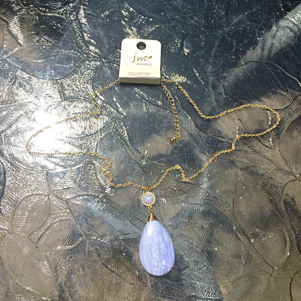 Gold Tone Wire-Wrapped Teardrop Stone Necklace- Blue