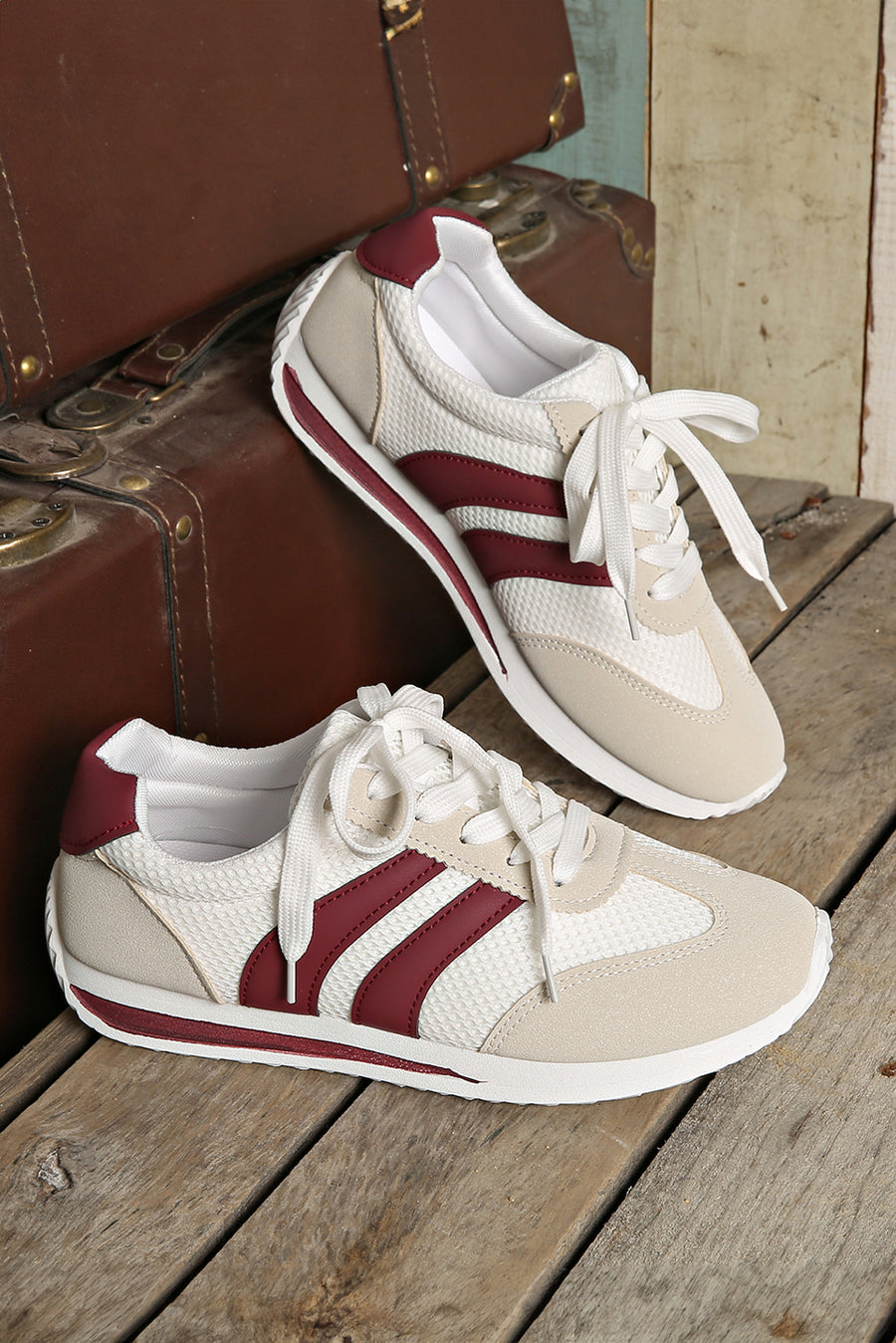 White Patchwork Breathable Lace Up Sneakers
