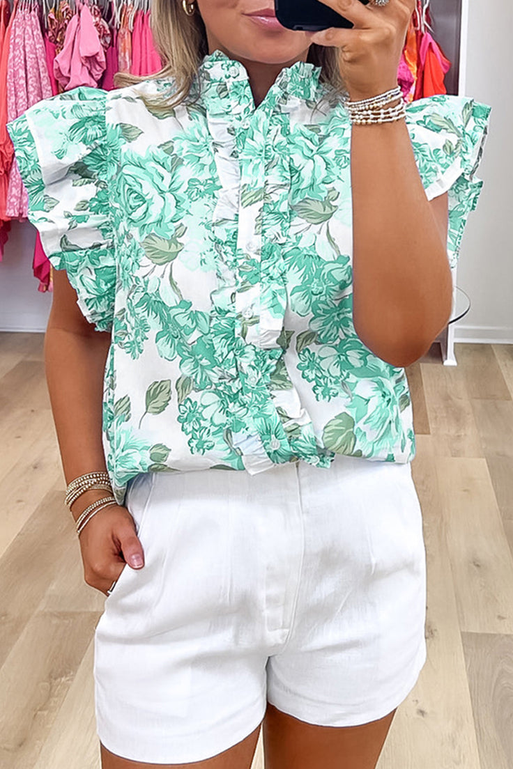 Floral Ruffle Sleeve Frilly Button-Up Blouse- 2 Colors