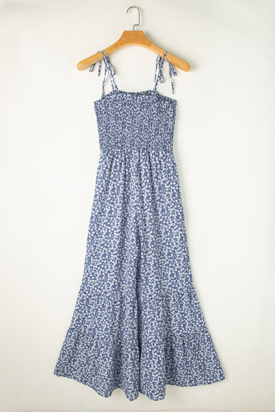 Women's Blue & White Indie Smocked Bodice Wide Leg Floral Jumpsuit