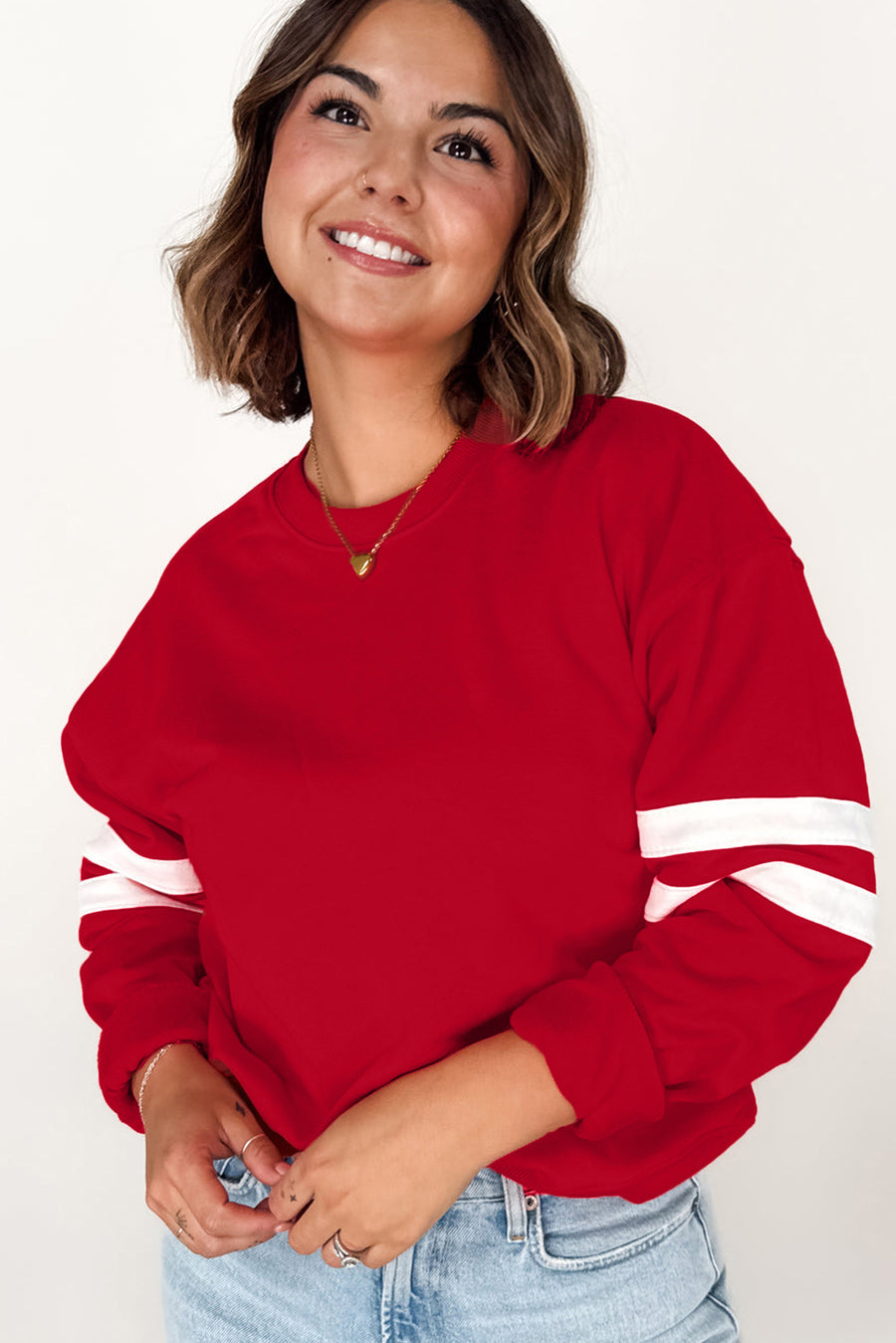 Plus Size Varsity Striped Crew Neck Sweatshirt- 2 Colors