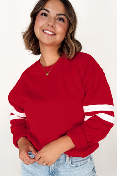 Fiery Red Varsity Striped Detail Plus Size Round Neck Sweatshirt
