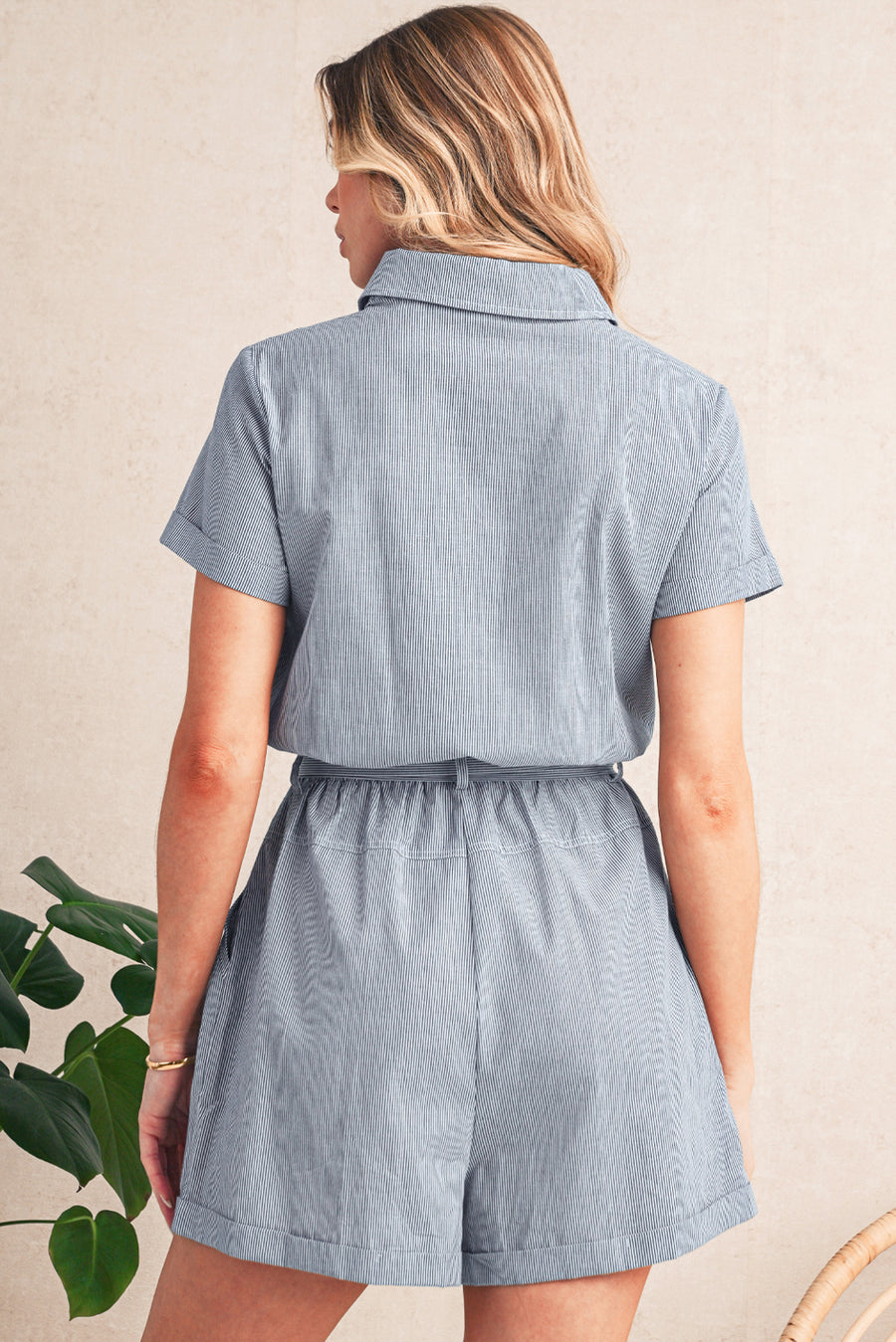 Railroad Striped Chest Pockets Button-Up Belted High-Waist Romper