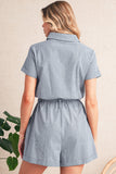 Railroad Striped Chest Pockets Button-Up Belted High-Waist Romper