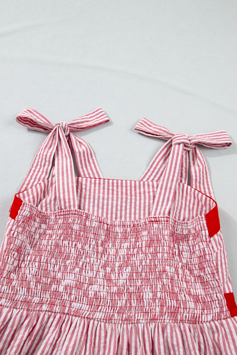 Red Striped Tie Straps Contrast Trim High Waist Ruffle Hem Maxi Dress