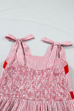 Red Striped Tie Straps Contrast Trim High Waist Ruffle Hem Maxi Dress