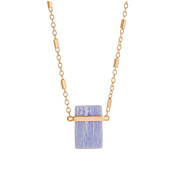 Gold Tone Natural Stone Pendant Necklace- Blue