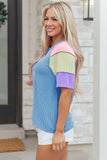 Twist Ribbed Color Block Patchwork Short Sleeve Henley T-Shirt- 2 Colors