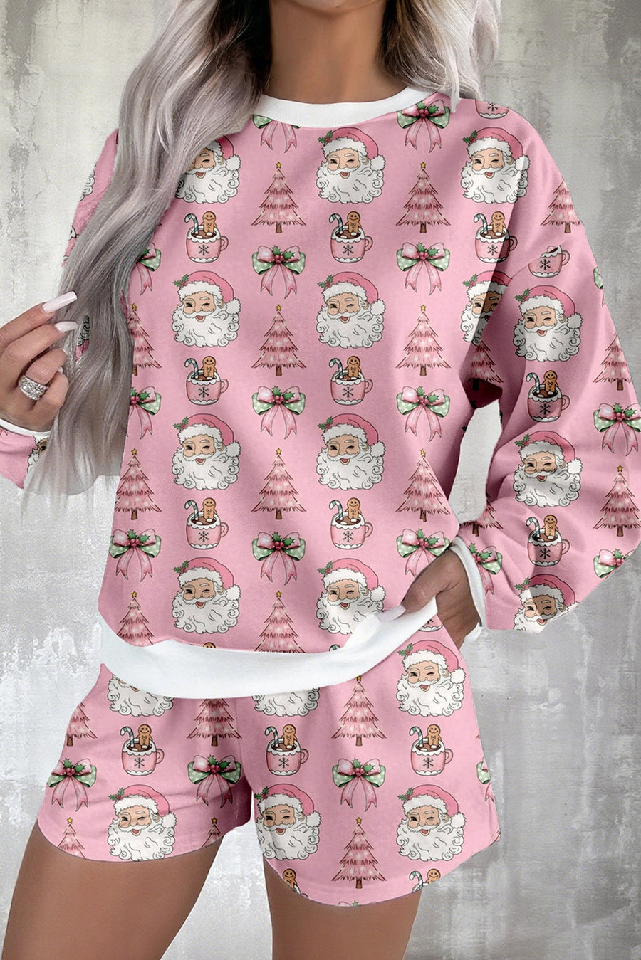 Pink Santa Claus Graphic Christmas Tree Long Sleeve Pajama Set- 2 Colors
