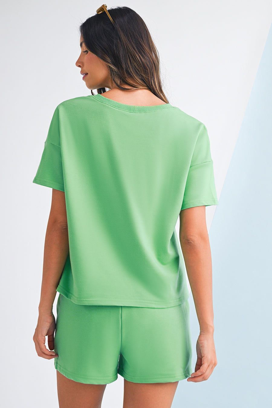V-Neck Drop Shoulder T-Shirt and Patchwork Shorts Set- 3 Colors