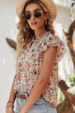 Multicolored Floral Frilled Neck Ruffled Short Sleeve Button-Up Blouse