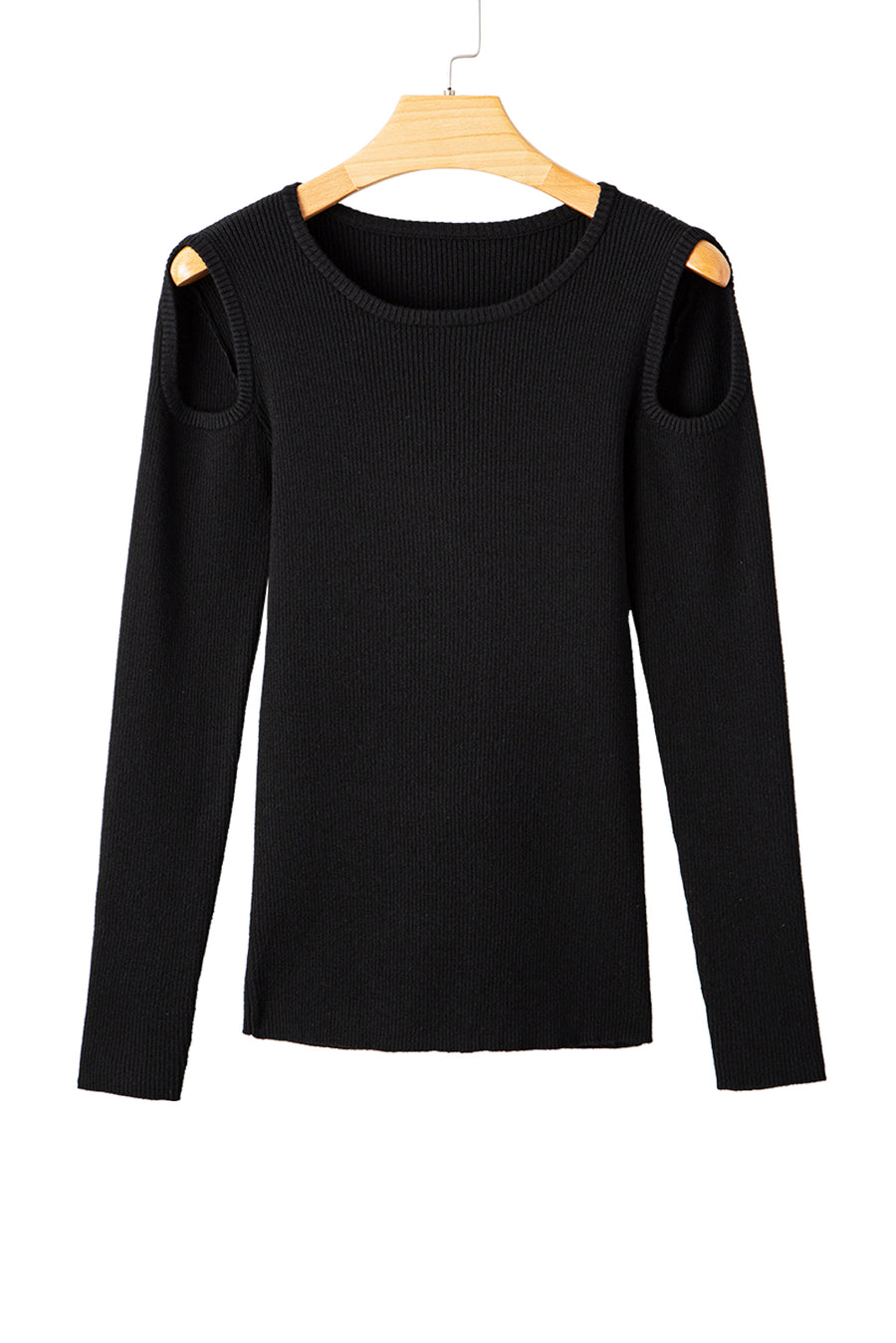 Black Ribbed Knit Cold Shoulder Plain Sweater