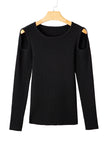 Black Ribbed Knit Cold Shoulder Plain Sweater