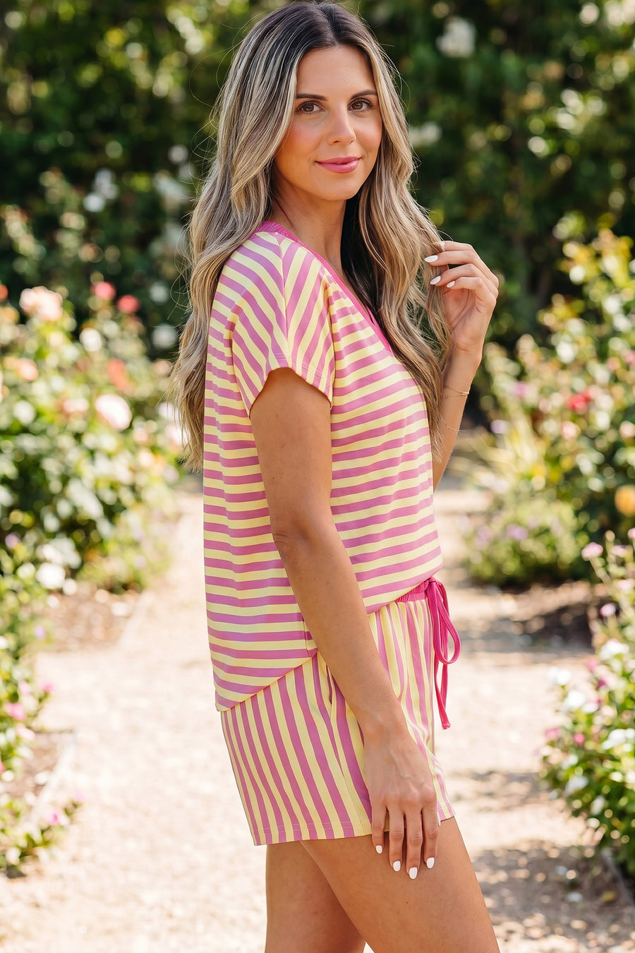 Striped Contrast Trim V-Neck T-Shirt and Drawstring Elastic Waist Shorts Set- 4 Colors