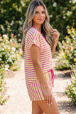 Striped Contrast Trim V-Neck T-Shirt and Drawstring Elastic Waist Shorts Set- 4 Colors